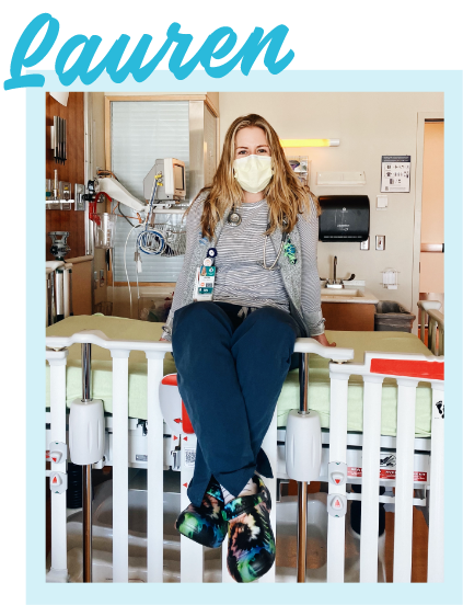 Lauren, RN, in a hospital room wearing Crocs Tie-Dye Clogs.